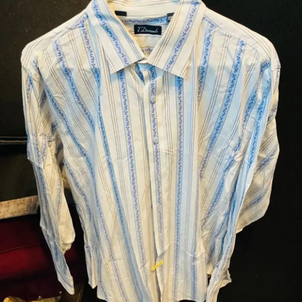 7 Diamonds Blue and White Dress Shirt with Striped Pattern